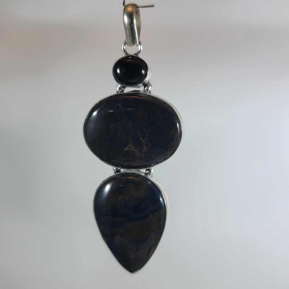 Sterling Silver Pendant – Black Onyx with Jasper Trio – Bold Handmade Jewelry